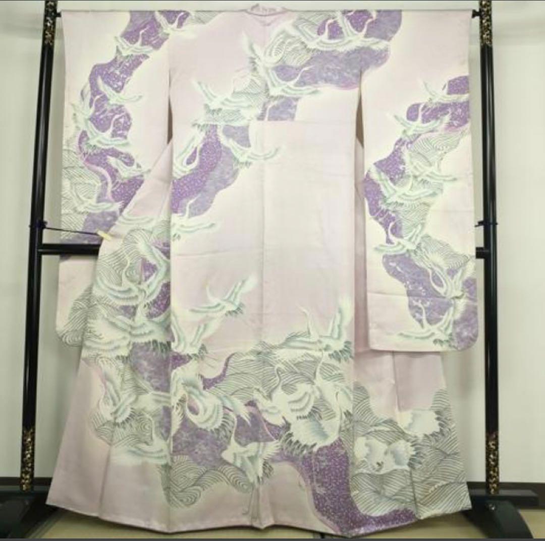 振袖フルセット6点サイズM〜Ｌ駒刺繍　飛鶴文　銀彩　正絹