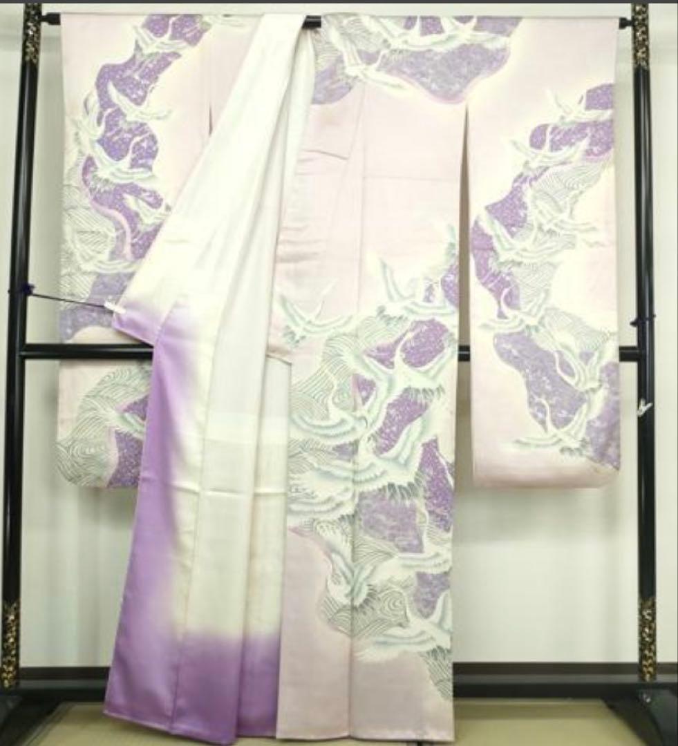 振袖フルセット6点サイズM〜Ｌ駒刺繍　飛鶴文　銀彩　正絹