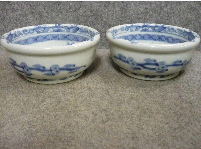 伊万里 線描き 染付 海辺 帆掛舟 風景図 深鉢 1対 [B31314]