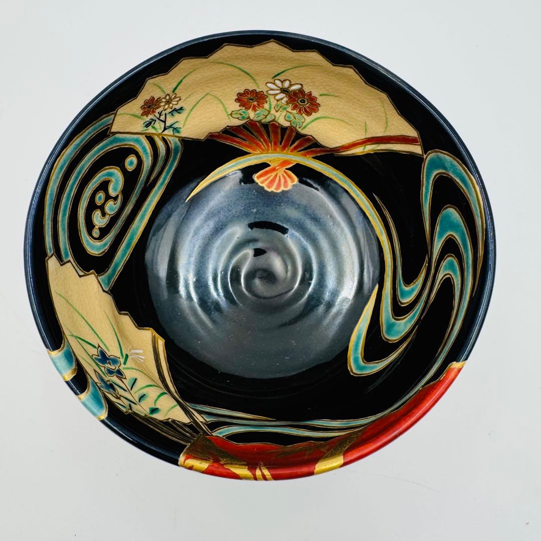 【京焼　田中寿宝　絵付け茶碗　波に扇子図　茶道具】骨董　アンティーク