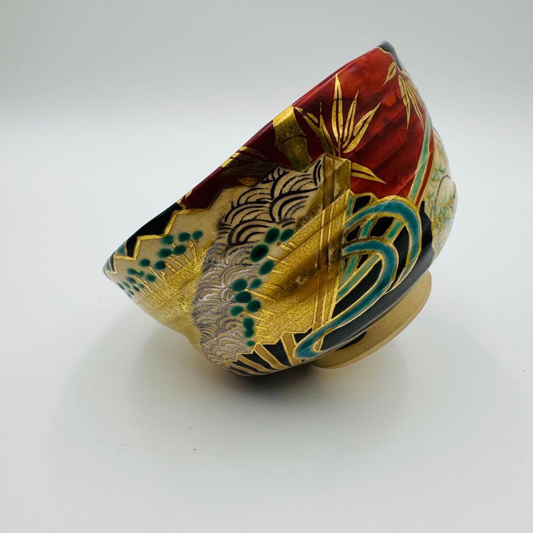 【京焼　田中寿宝　絵付け茶碗　波に扇子図　茶道具】骨董　アンティーク