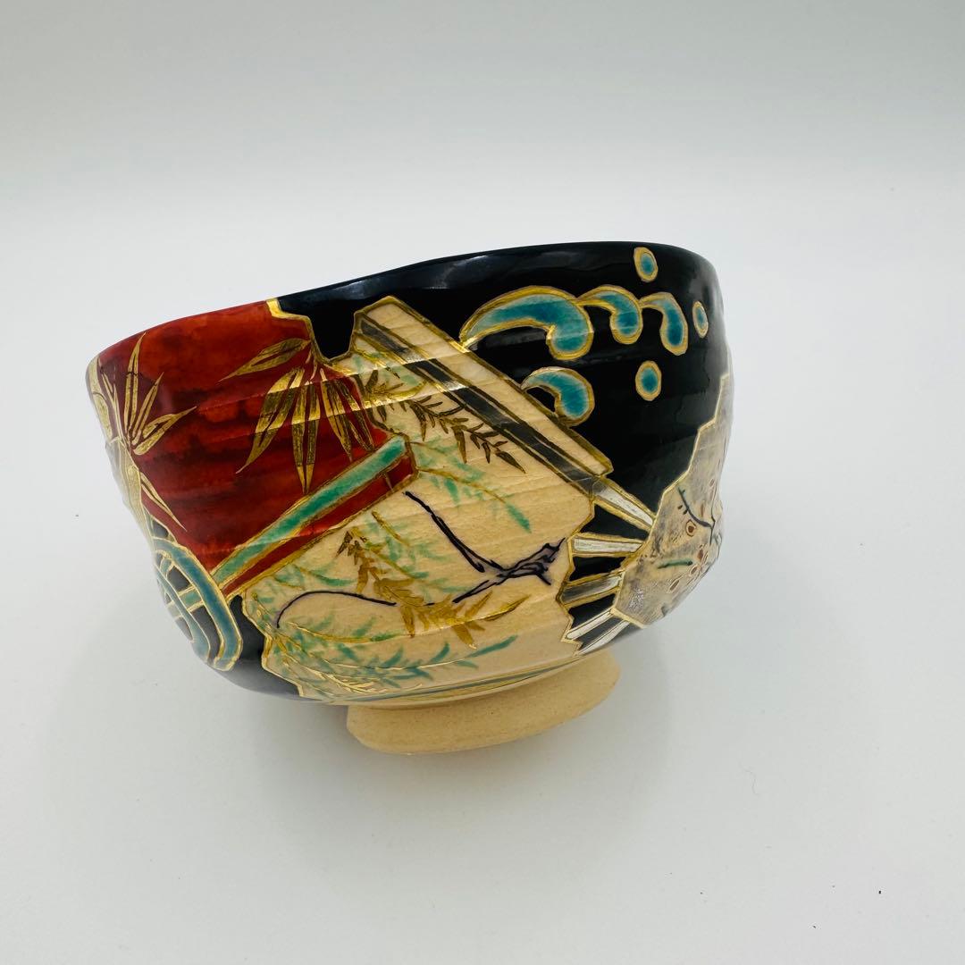 【京焼　田中寿宝　絵付け茶碗　波に扇子図　茶道具】骨董　アンティーク