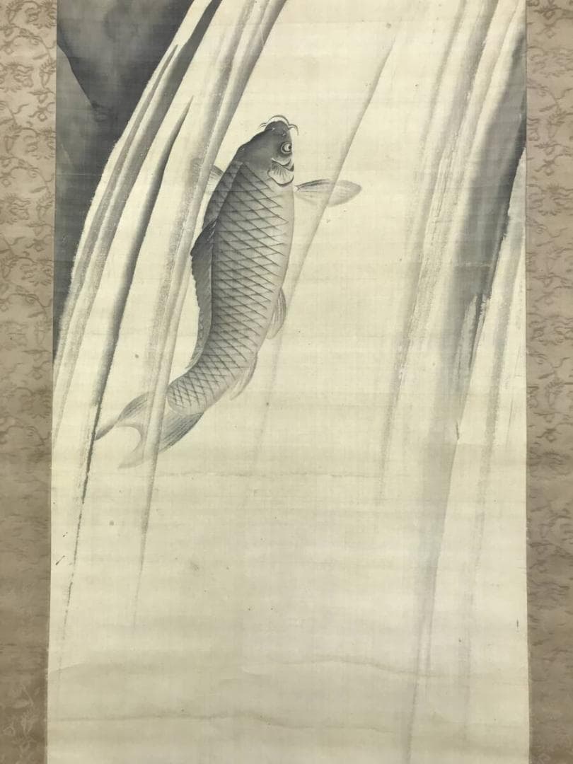 真作/中島来章/鯉図/コイ図/登龍門/滝に鯉図/花鳥図/掛軸☆宝船☆AH-659