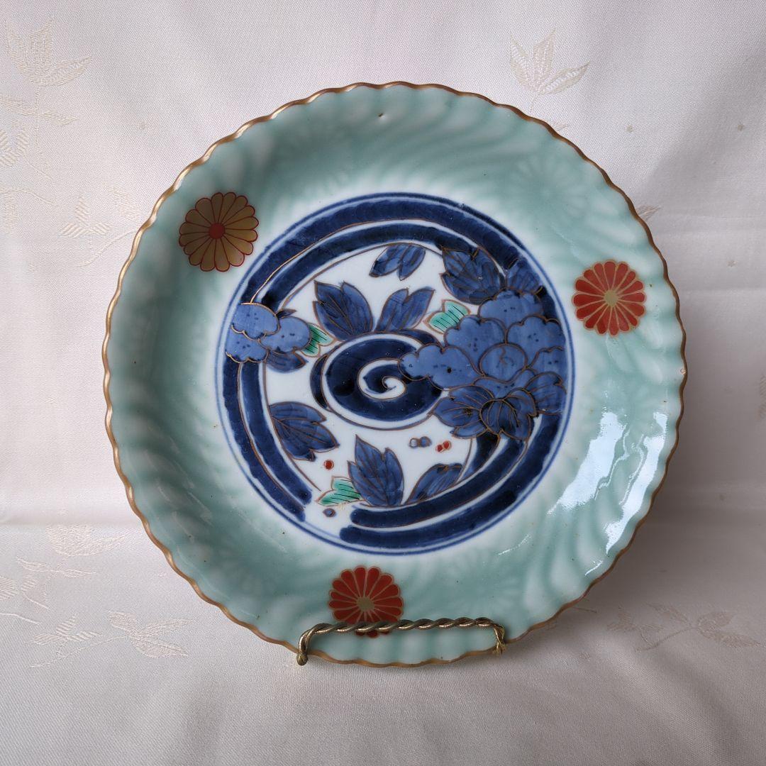 古伊万里 七寸皿 ① 色絵 青磁 菊文様 江戸期