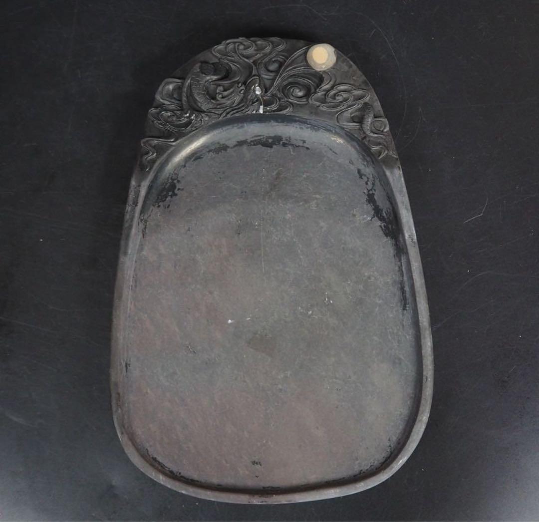 送料無料 時代物　雲龍紋彫端渓硯　書道具