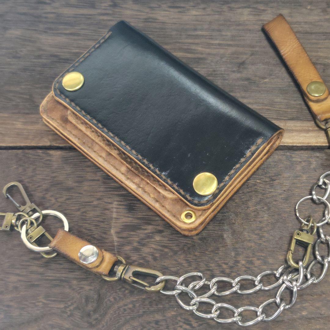 ミドルサイズ トラッカーウォレット 黒×ムラ茶 バラのハート(76)