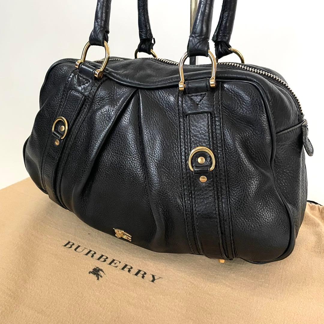 バーバリー ハンドバッグ ブラックレザー メガチェック ホースロゴ ゴールド