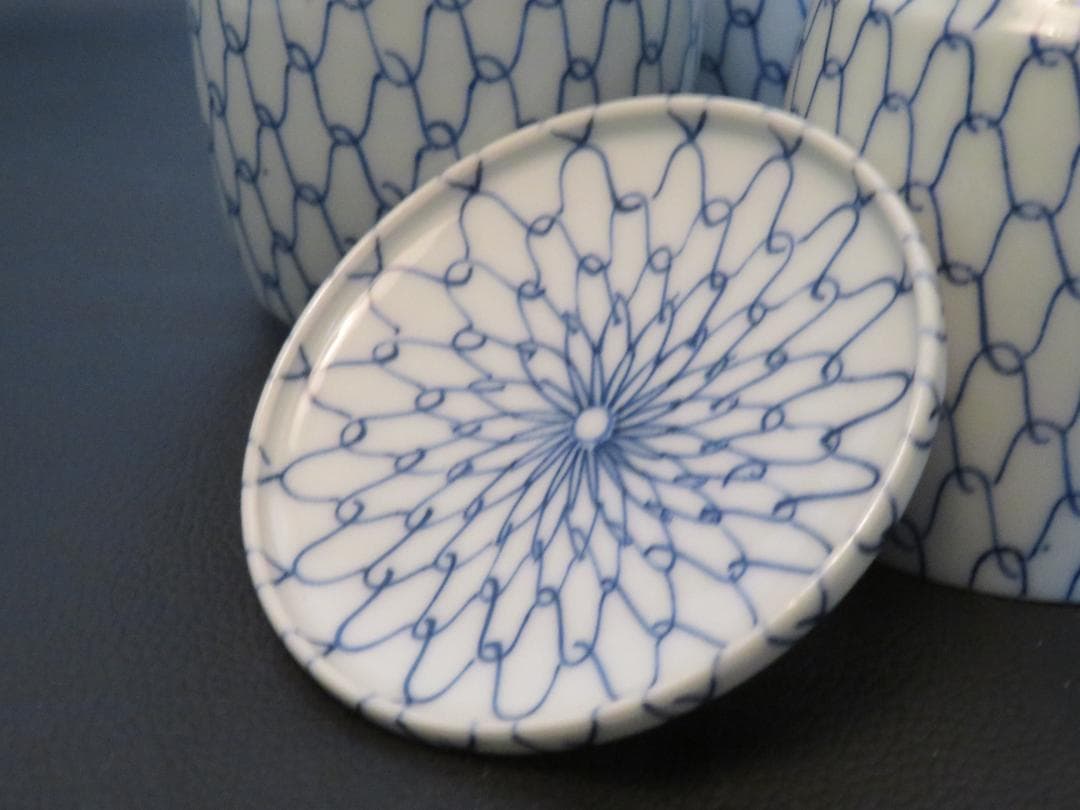 ◆401◆青網蓋付湯呑 芳山 網目　4客 和骨董 japanese craft