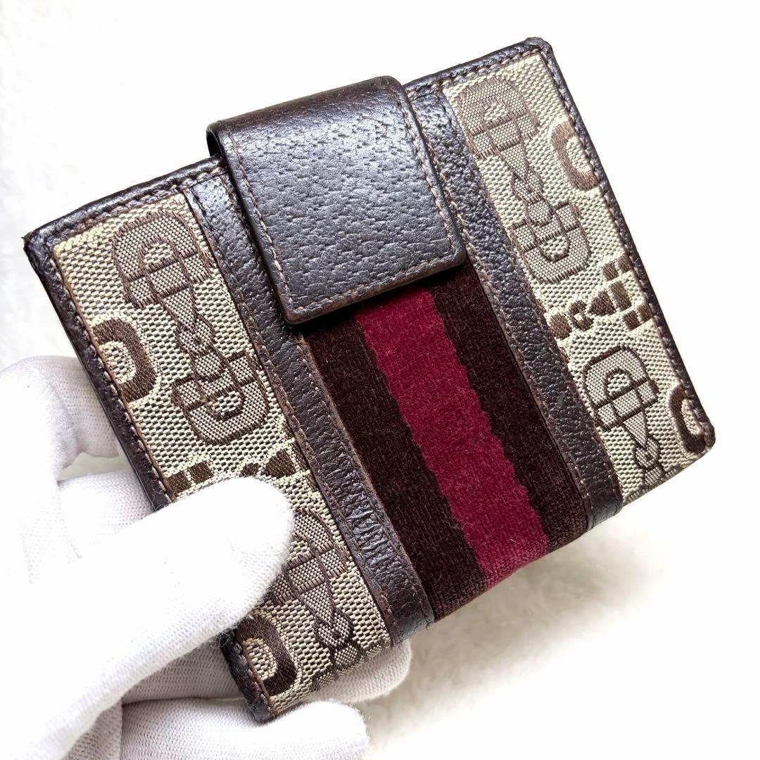希少　GUCCI グッチ キャンバス レザー 折り財布 ウォレット ブラウン