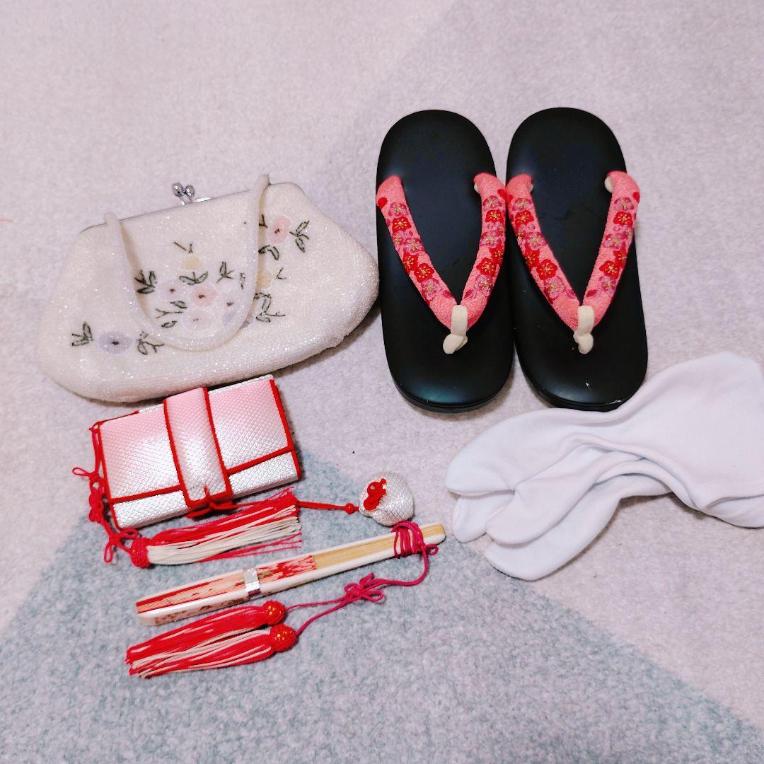 七五三 7歳 着物 帯 ビーズバッグ 草履 小物 セット 黒 ピンク