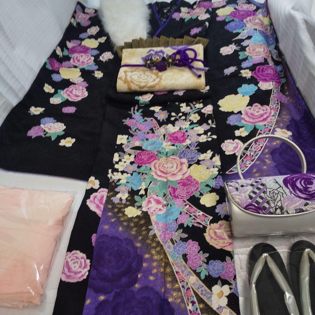 ++++黒紫薔薇正絹振袖一式フルセット袋帯帯締め帯揚げ半襟 重ね襟他成人式