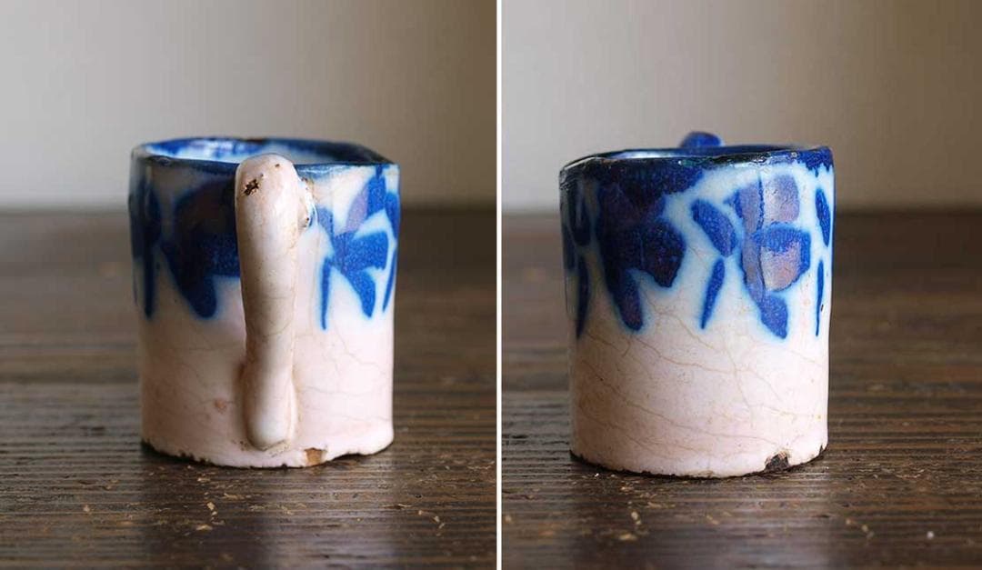 青い模様の小さなカップ マニセス ムエル ブリュロカップ スペイン古陶/J981