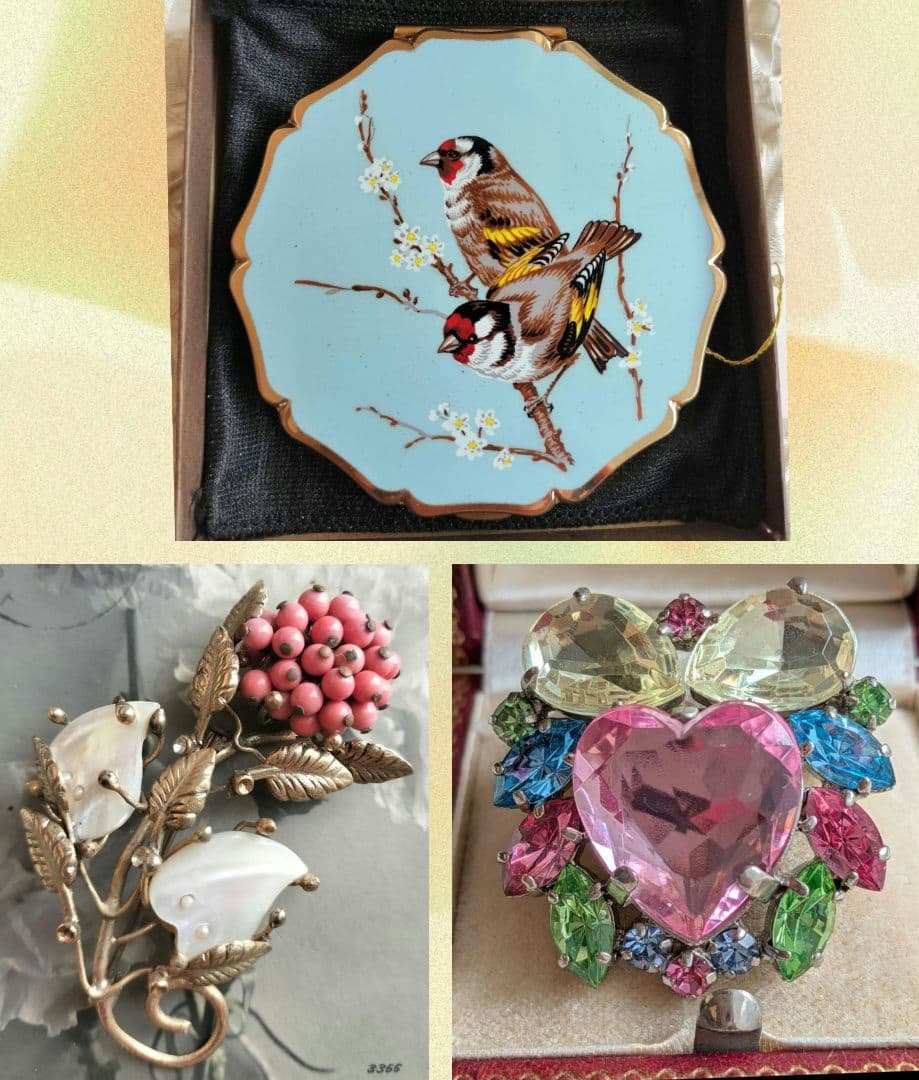 コーラルカボションの花 シェル 貝細工 ブローチ ヴィンテージと他2点