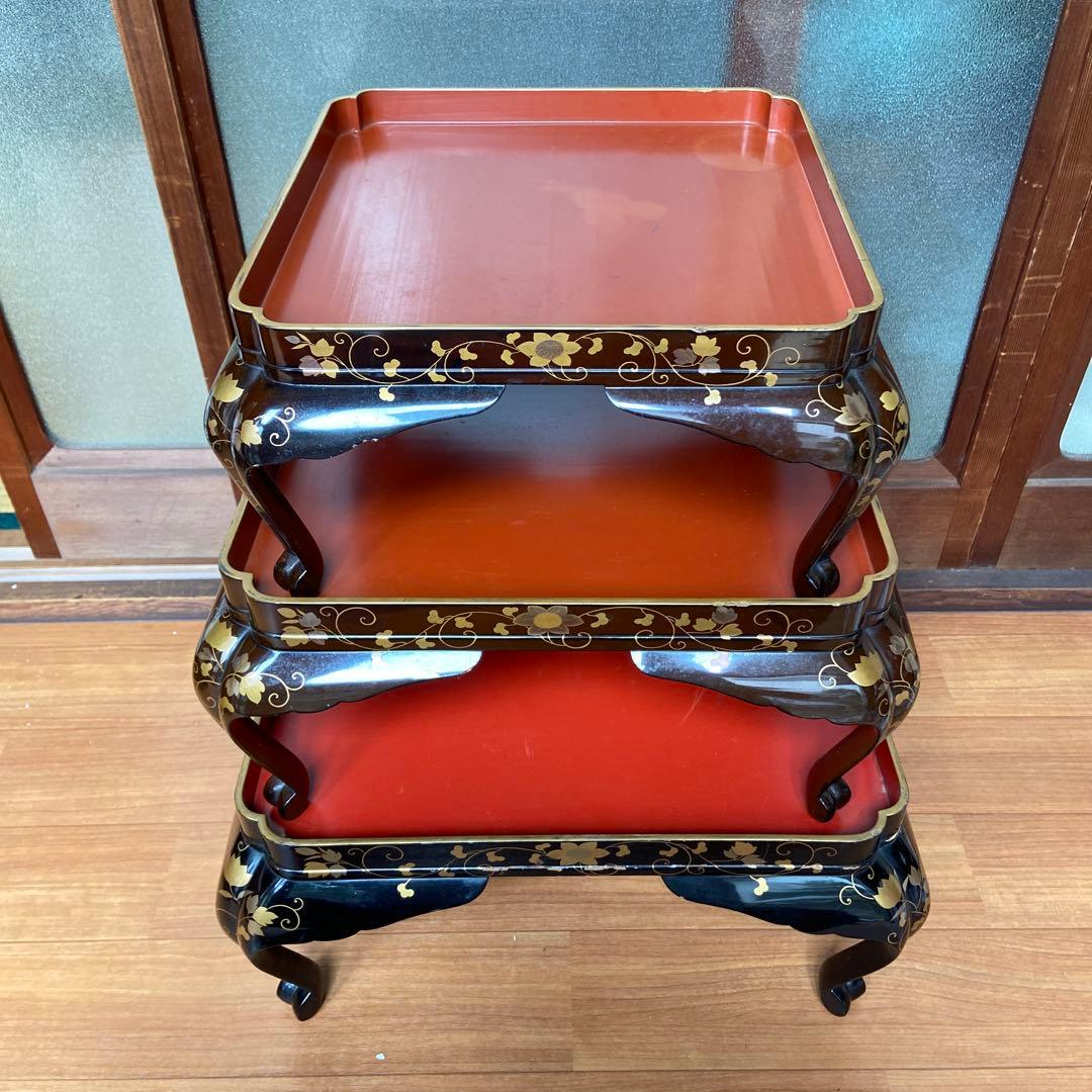 大名道具 金蒔絵花の図四ッ足盆三客 江戸時代