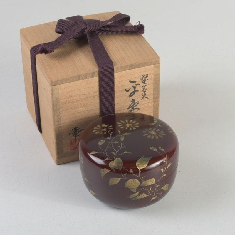 茶道具　輪島塗　大角博明作　沈金　花草蒔絵　平棗　共箱　V　9239