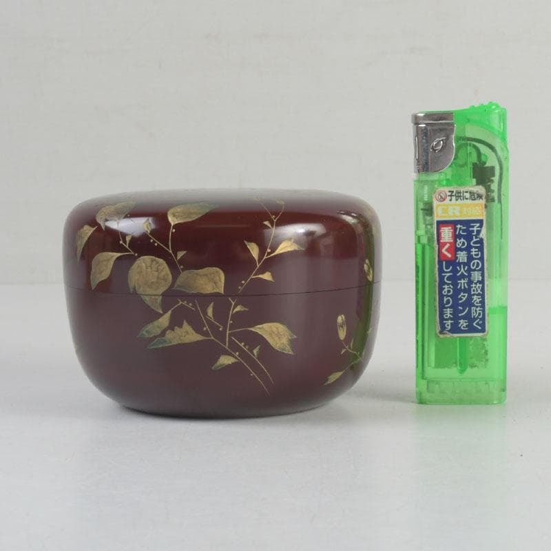 茶道具　輪島塗　大角博明作　沈金　花草蒔絵　平棗　共箱　V　9239