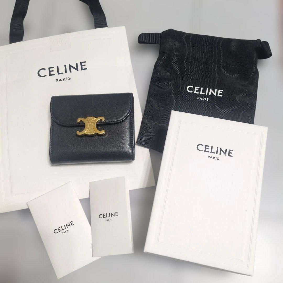 CELINE ブラックレザー 三つ折り財布 トリオンフ