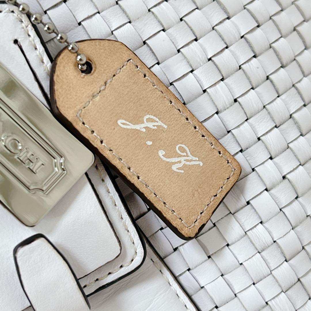 上品 COACH レザー ハンドバッグ ショルダー 2way 編み込み ホワイト