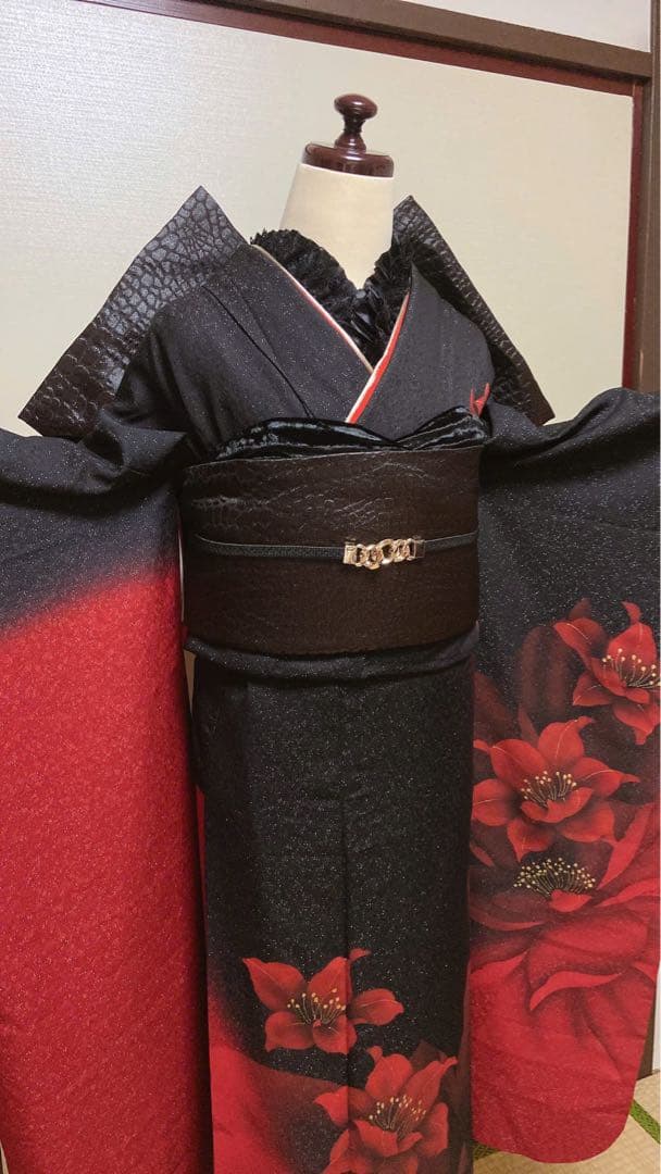 振袖フルセット　正絹振袖成人式　振袖6点セット　クロコ黒帯