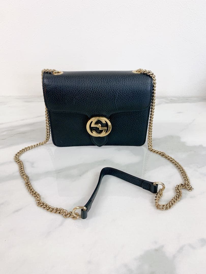 ＋GUCCI インターロッキングG チェーン　ショルダーバッグ レザー ブラック
