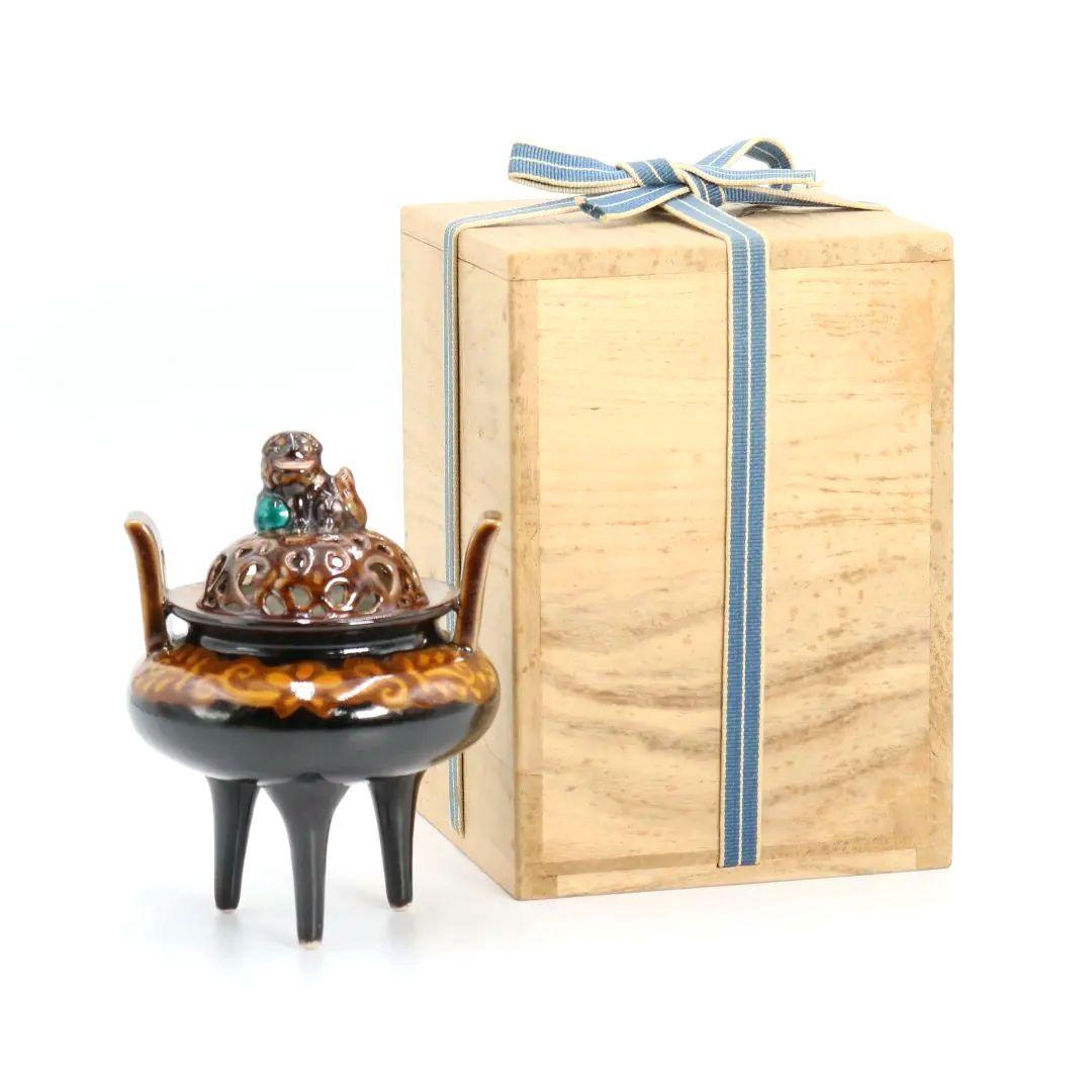 三ツ井為吉作 深厚釉香炉 九谷焼 火焔文皇玉獅子 高足三足 共箱共布　AP88