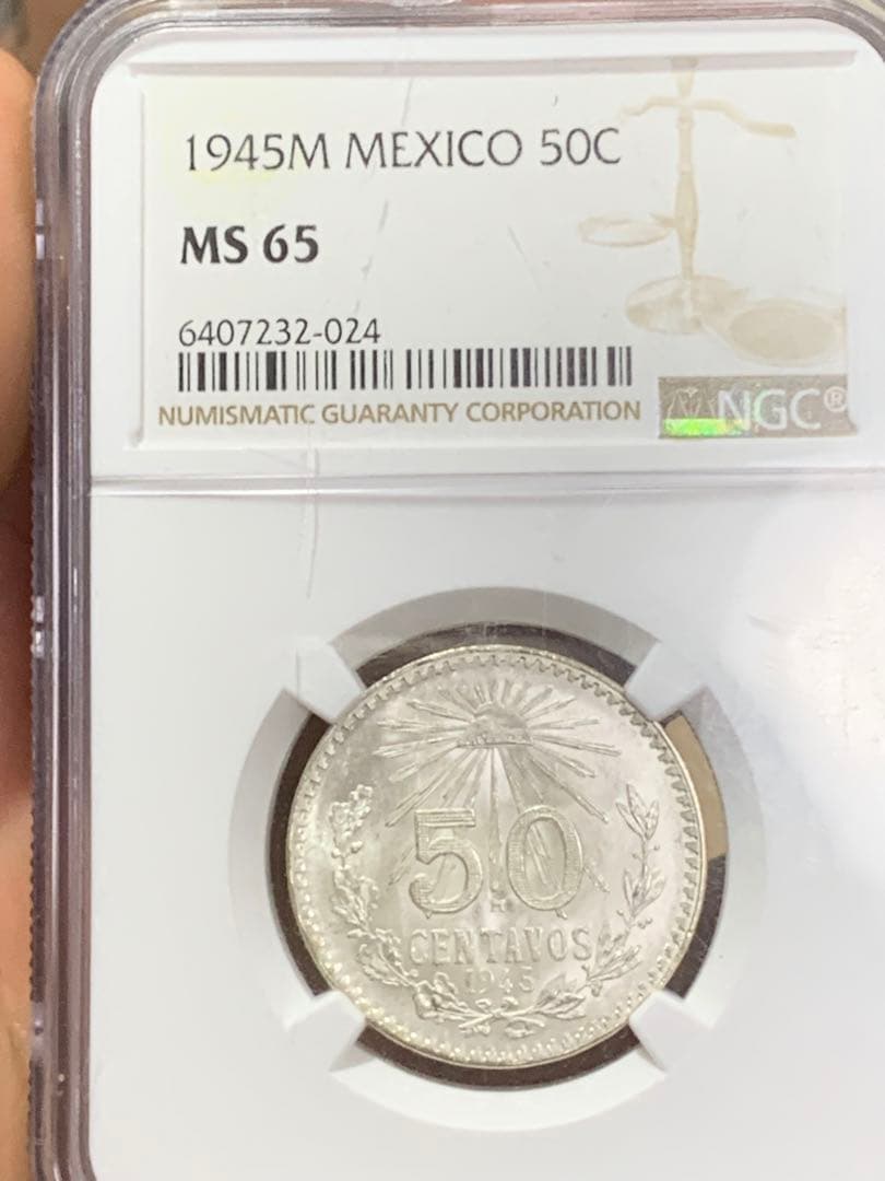 メキシコ1943年銀貨古銭、NGC/MS65 未使用　超美品非常に入手困難
