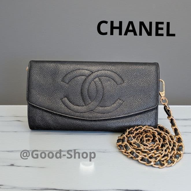 シャネル　デカココ　黒　長財布　キャビアスキン　ヴィンテージ　スマホ　ショルダー