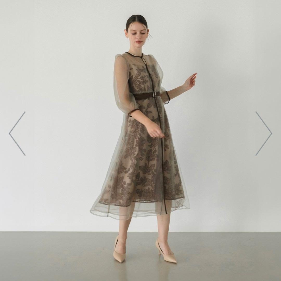 【LEJA】チュールパイピングリーフベルトAラインワンピースドレス 結婚式