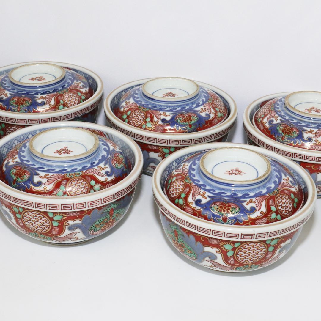 冨貴長春　蓋付茶碗　錦絵 染付 金彩 古伊万里　7客　吉祥　1客に金継ぎ有り