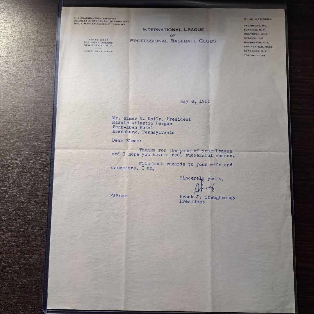 シャグ・ショーネシー　T206プレイヤー　リーグ会長　1951年手紙　MLB歴史