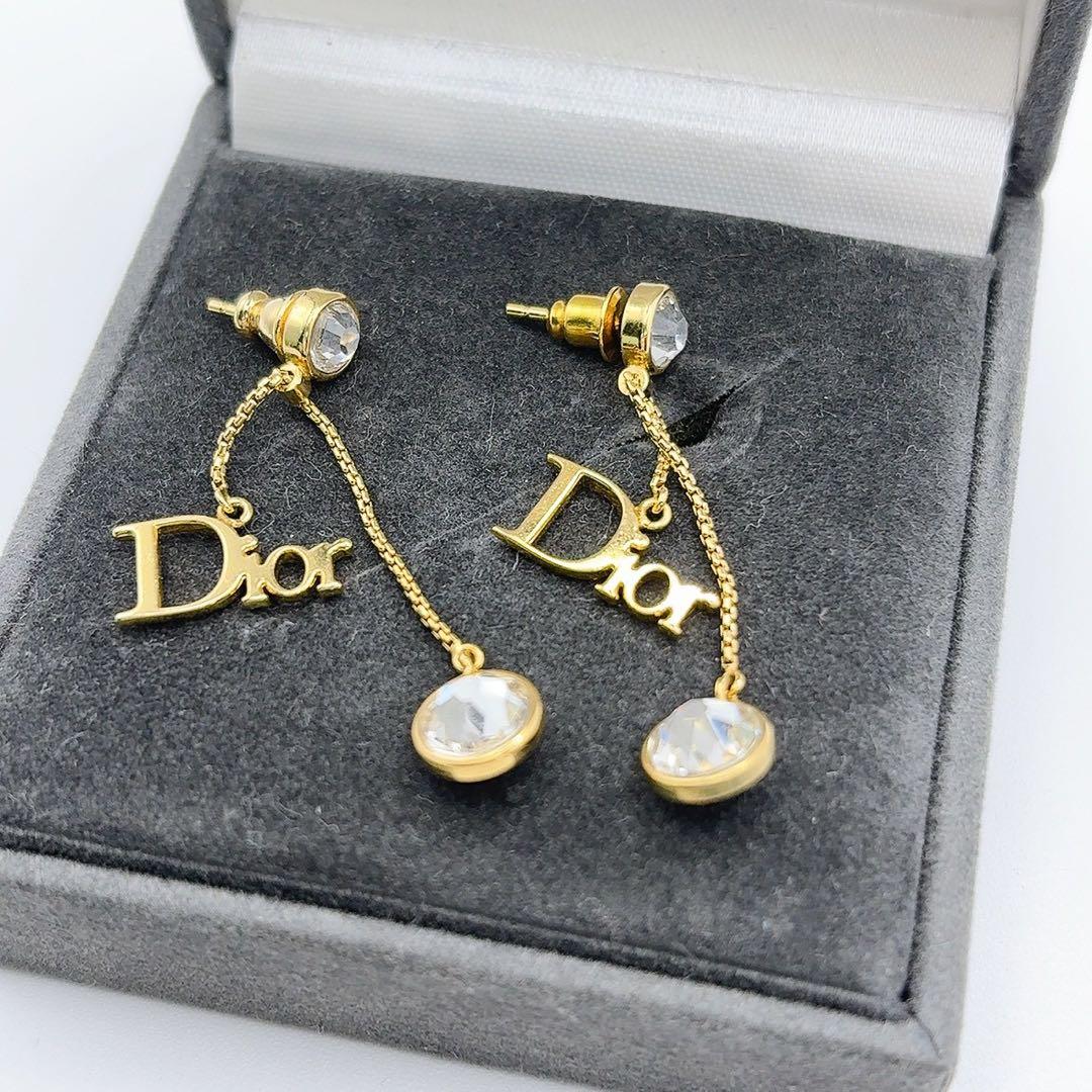 美品✨Dior ディオール ロゴ ピアス スイング ラインストーン ゴールド