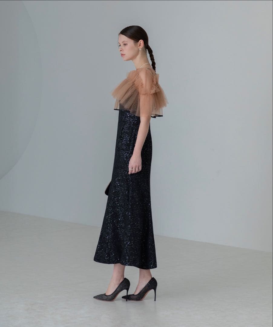 【LEJA】チュールフリルボレロペイントマーメイドドレスワンピース