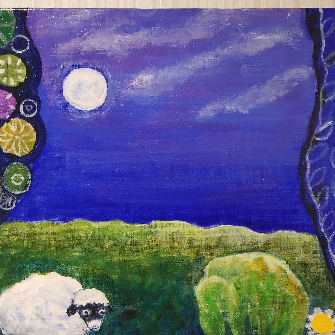 油絵　H　ひつじさんと友だちの楽しい帰り道　わんこも一緒♪　横長キャンバス