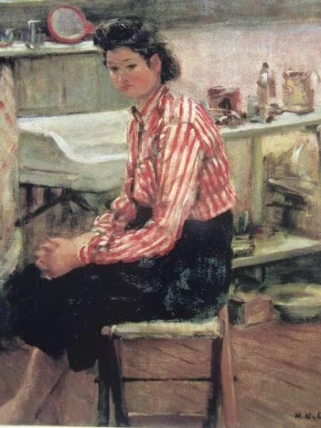 鬼頭　鍋三郎、赤縞の上衣の女、希少な画集より、新品高級額装付