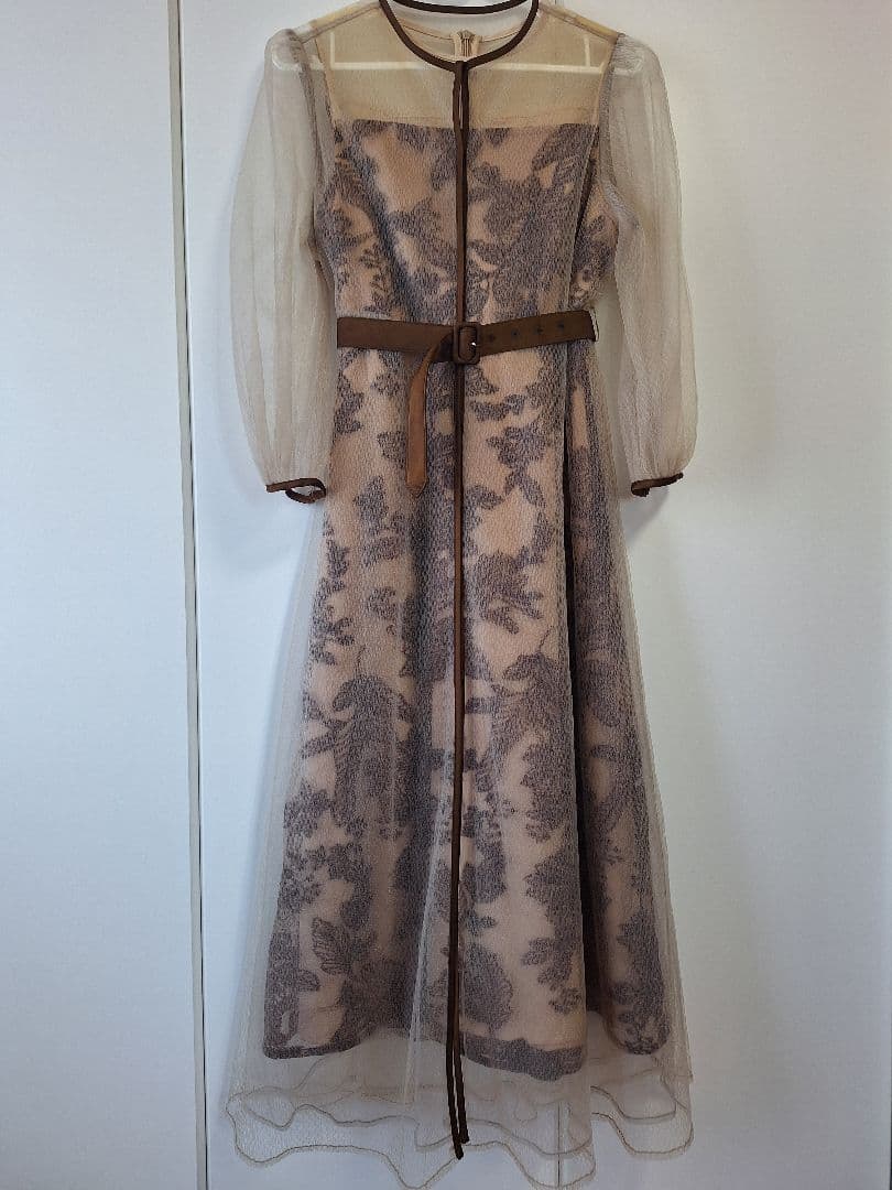 Leja チュールパイピングリーフ ベルト付き Aラインワンピース