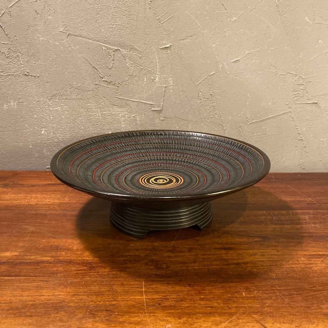 昭和レトロ 高足 菓子盆 インテリアトレイ 漆器 天然木 独楽塗り 伝統工芸