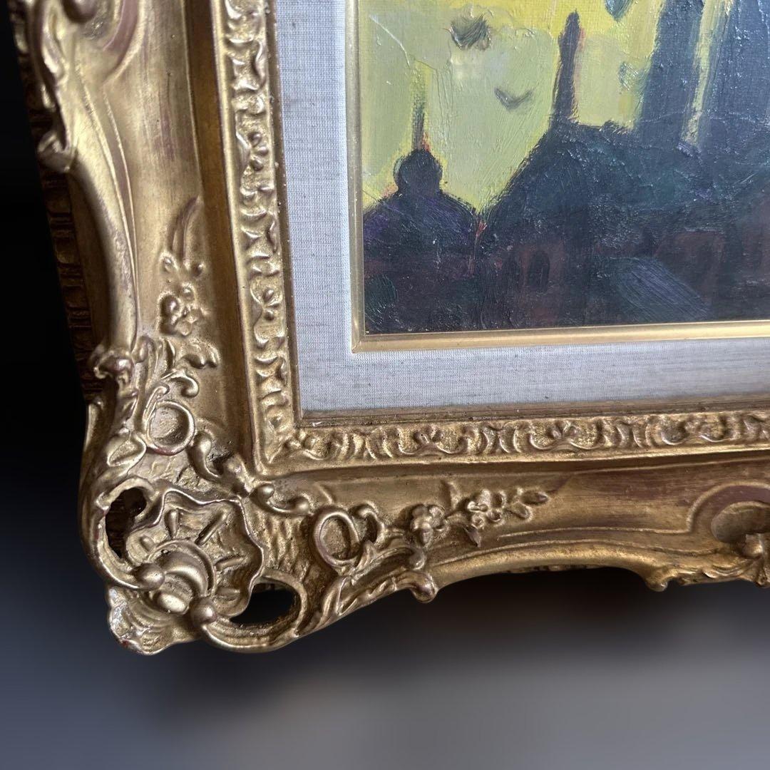 素晴らしい額の印象派風 油彩画 教会のシルエット