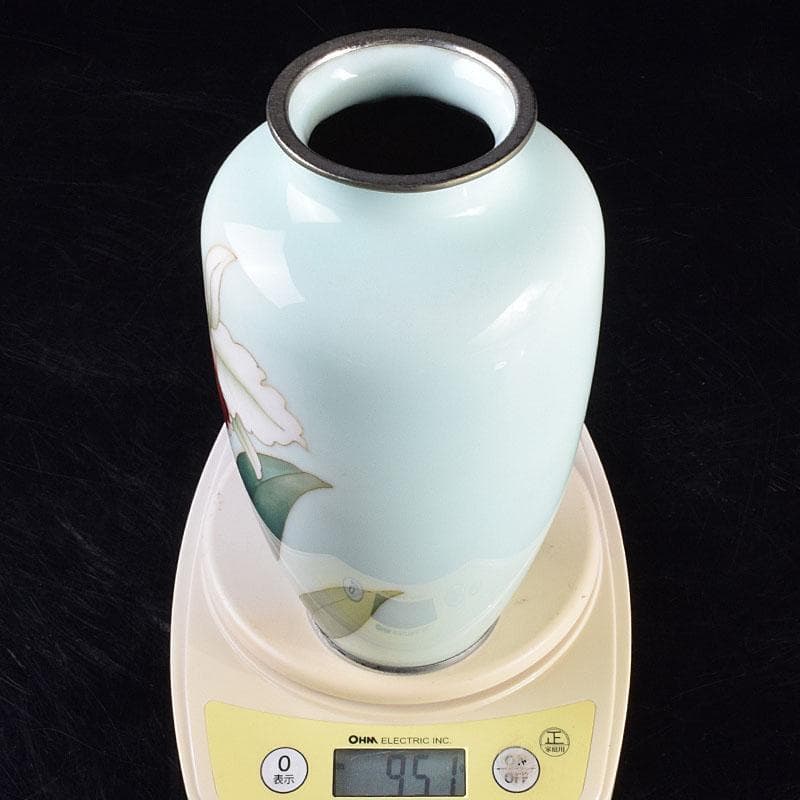 七宝焼　安藤七宝店　花文　花瓶　唐木台　時代箱付　M　R9165