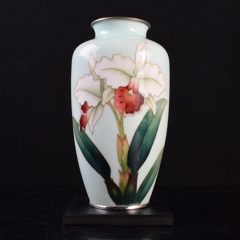 七宝焼　安藤七宝店　花文　花瓶　唐木台　時代箱付　M　R9165