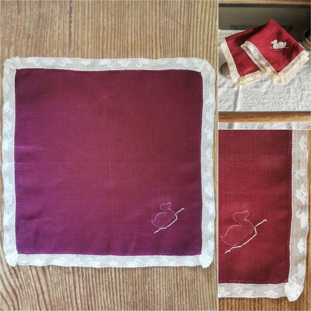 アンティーク 家鴨アップリケ刺繍 繊細な水鳥＆水草花アランソンレース クロス α