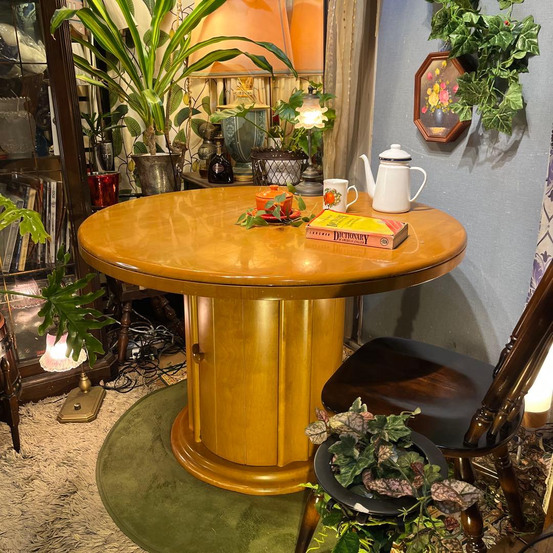 sale ラウンドテーブル　1０５　丸テーブル　無垢材仕上げ収納付き