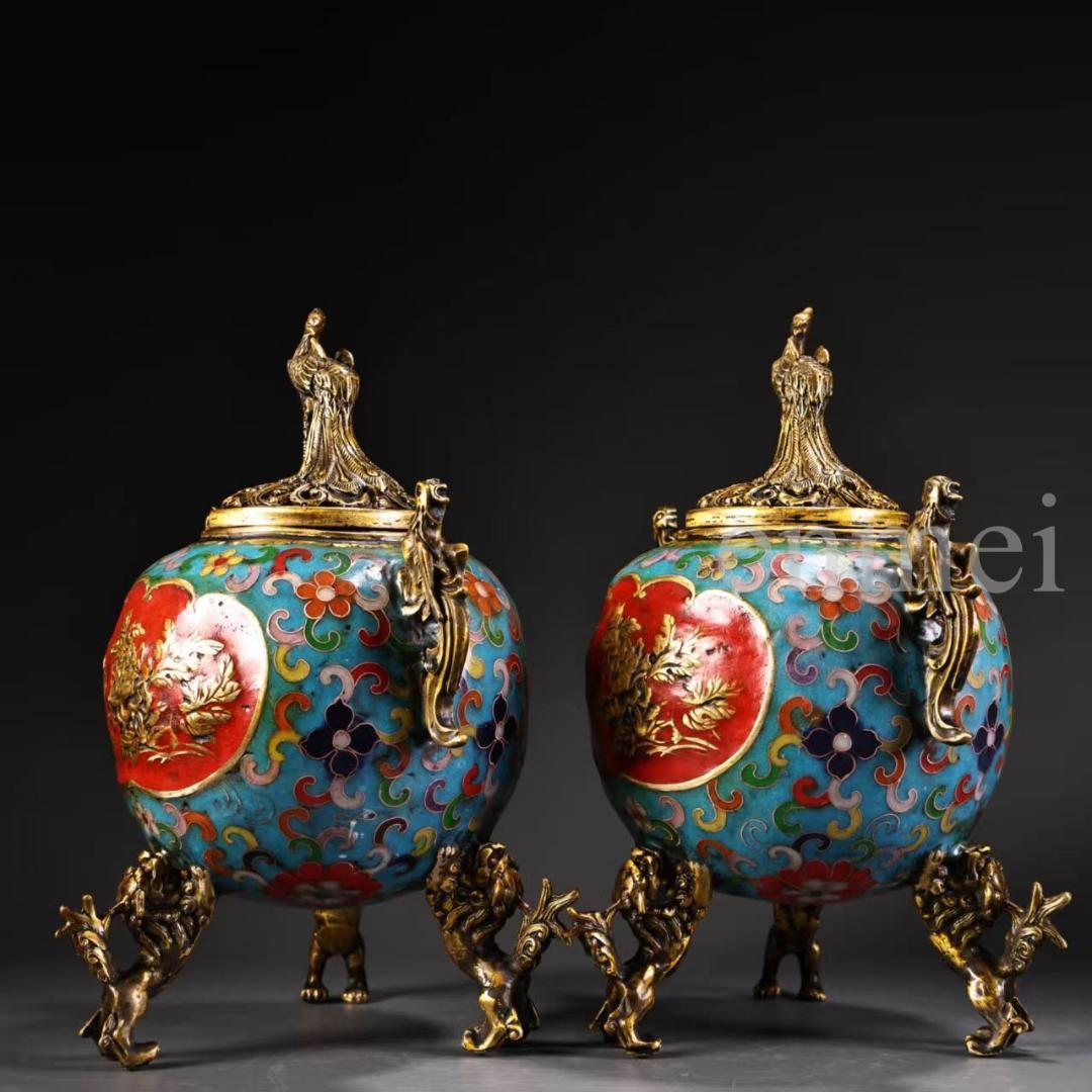 珍品旧藏・赤青琺瑯装飾双対香炉・高浮彫鏨刻・鎏金鳳鳥浮彫付き・純銅製・置物・風水