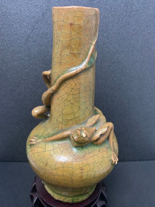 時代　瀬戸　緑釉獣瓶　古瀬戸　黄瀬戸　緑釉瓶　漢緑釉　竜生九子花瓶　小壺　ガラス