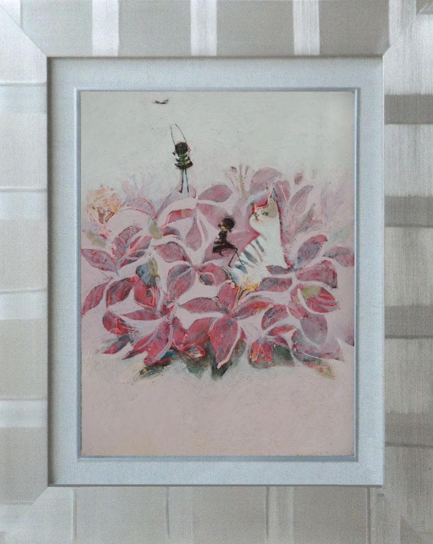 油絵 菅家令子 絵 絵画インテリア 額付(黒) uF6-070519子猫と女の子