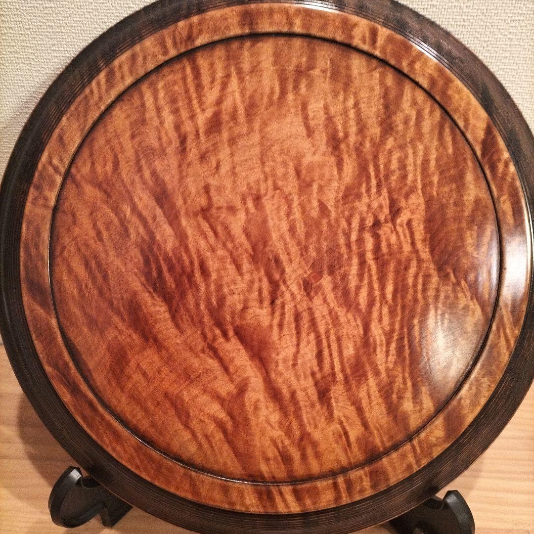 岡山　烏城彫　銘木　素塗り　丸盆