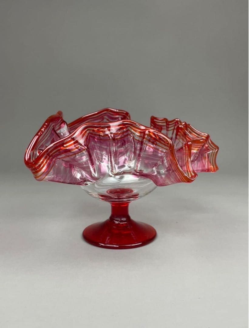 明治期 氷コップ 和ガラス 硝子 赤フリルガラス 色ガラス 手捻り 気泡有り