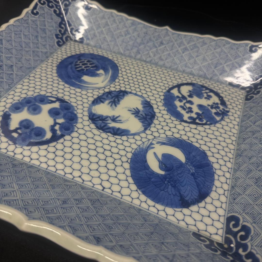 古伊万里 希少 角皿 染付松竹梅鶴亀紋絵飾り皿 手描き アンティーク 骨董