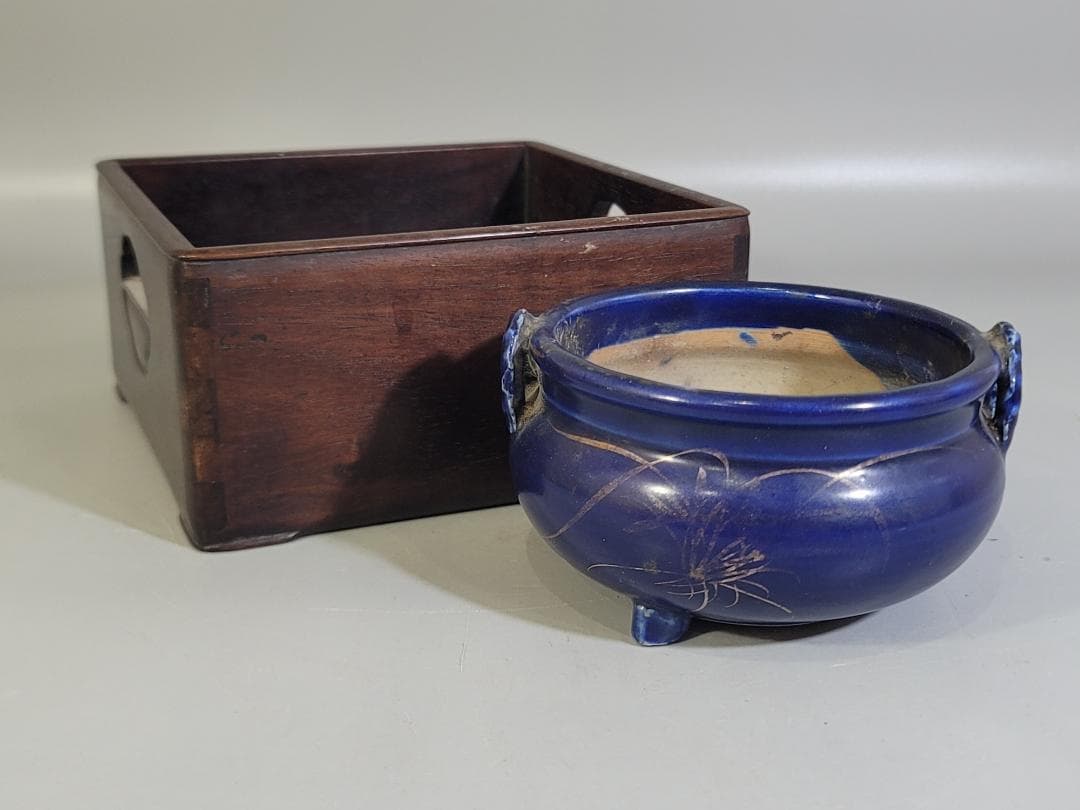 瑠璃香炉 唐木四方盆 時代物 二件 DT449