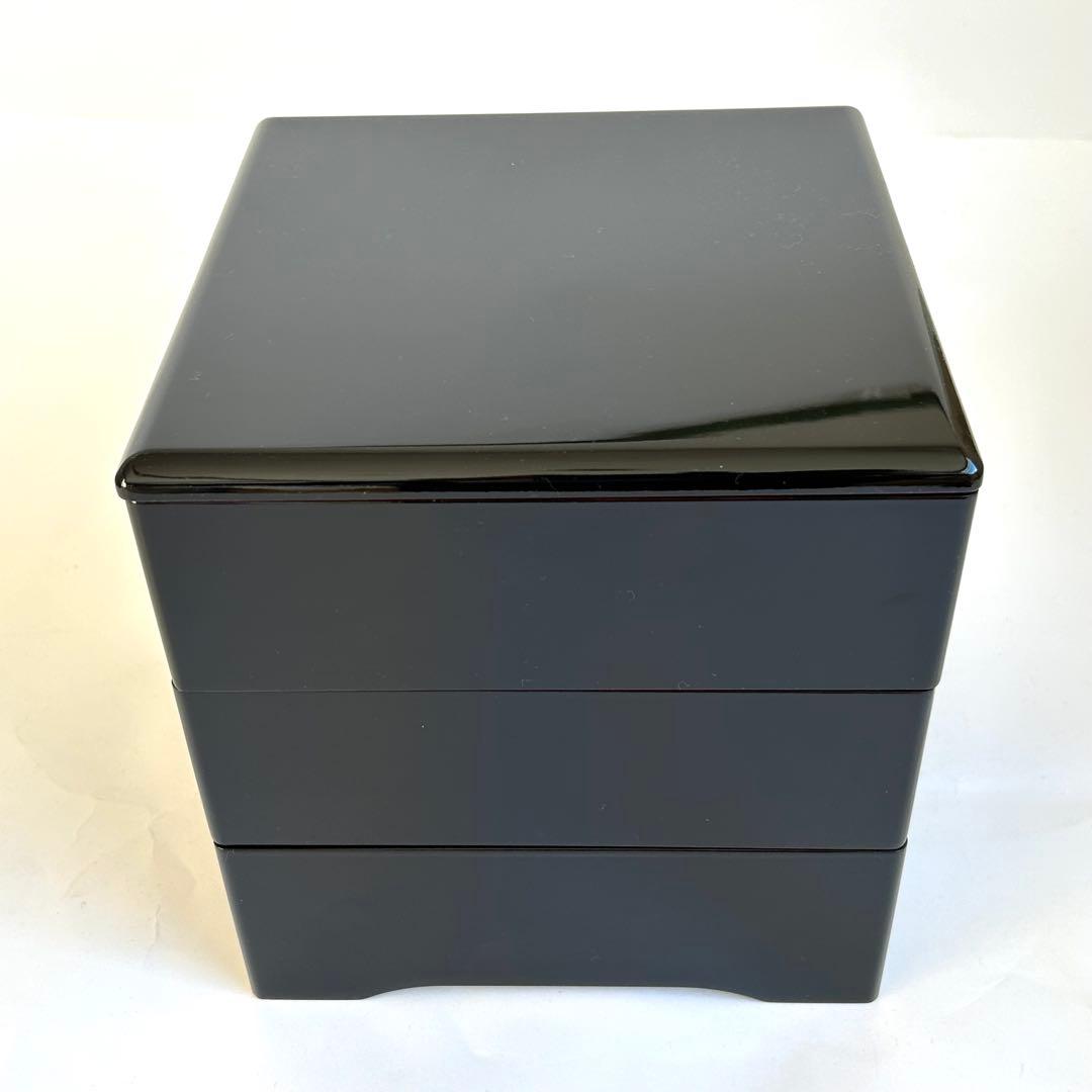 【美品】木製 漆器 三段重 黒塗 重箱 お重 黒 内朱 会津塗り