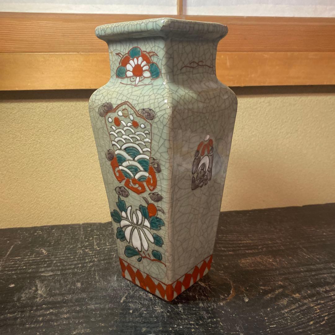 中国古玩　青磁色絵花瓶10cm25cm